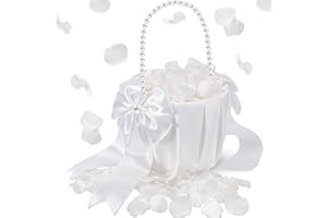 Jingmore 1 Set Wedding Flower Girl Basket and Real Petals Set Ivory Flower Girl Basket with Pearl Handle True Dried Hydrangea for Wedding Bridal Party Romantic Night Proposal Anniversary Decoration