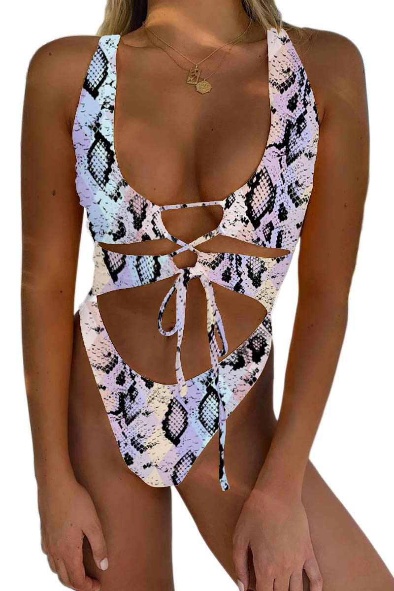 Photo 1 of CHYRII Women's Snakeskin Print Sexy Cutout Lace Up Backless High Cut One Piece Swimsuit Monokini S