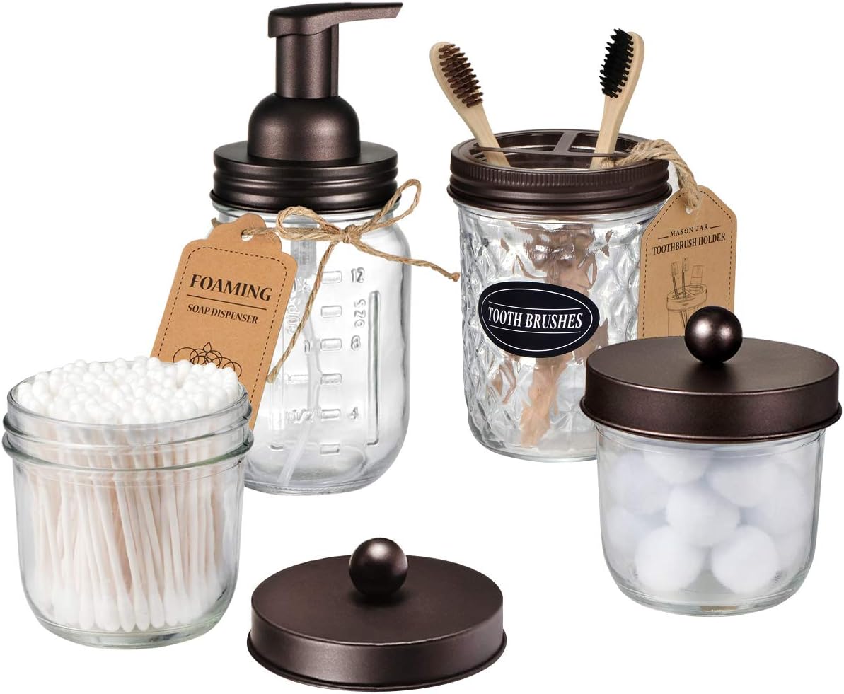 Mason Jar Bathroom Accessories Set(4 Pack) - Foaming Soap Dispenser&Qtip Holder Set&Toothbrush Holder-Rustic Farmhouse Decor Bathroom Organizer Apothecary Jar Country Countertop (Bronze): Home & Kitchen