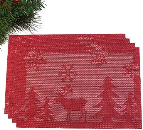 Presence Home Christmas Holiday Placemats - Set of 4 - Washable and Stain Resistant (4, Holiday Red)
