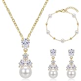 Hadskiss Wedding Jewelry Sets for Women/Brides/Bridesmaids, Cubic Zirconia Pearl Necklace Earrings Bracelet Set 18K Gold Plated Hypoallergenic Jewelry for Wedding Prom Party