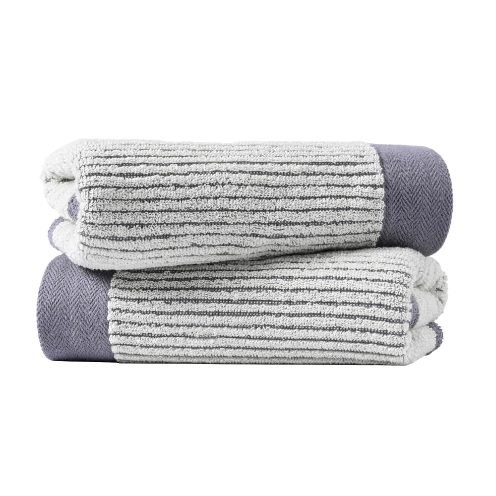 sense gnosis 100% Cotton Grey Border Hand Towels Absorbent Super Soft Face Towels Lint Free Beige Ribbed Striped Bath Hand Towels for Bathroom Travel Yogo Sport Spa, 2 Pack