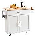 VEVOR Kitchen Island Cart with Solid Wood Top, 35.4" Width Mobile Carts with Storage Cabinet, Rolling Kitchen Table with Spice Rack, Towel Rack, Drop Leaf and Drawer, Portable Islands on Wheels, White