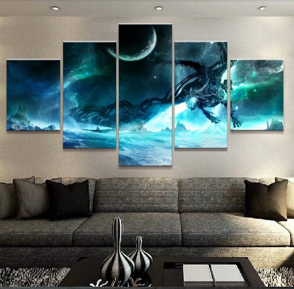 HOPE003 Canvas Painting 5 Framed Canvas Prints Painting Living Room Wall Art 5 Pieces Lich King Dragon Pictures Modular Abstract Game Poster Home Decor
