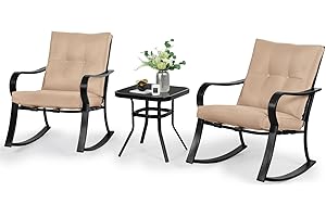 SOLAURA 3-Piece Outdoor Rocking Chairs Bistro Set, Black Iron Patio Furniture with Brown Thickened Cushion & Glass-Top Coffee Table