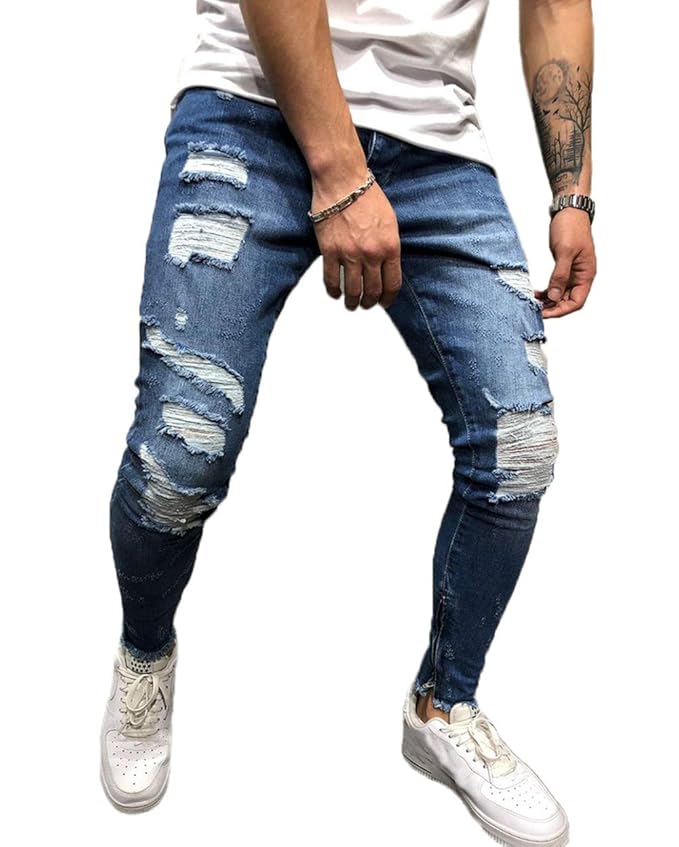 Männer Casual Distressed Zerrissene Destroyed Jeans Slim Fit Skinny Denim Moto Seite Gestreifte Biker Bleistift Hosen