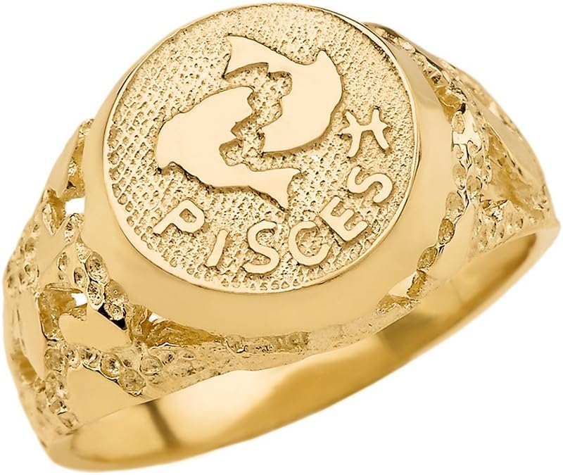 Solid 10k Yellow Gold Zodiac Sign Band Nugget Men's Ring