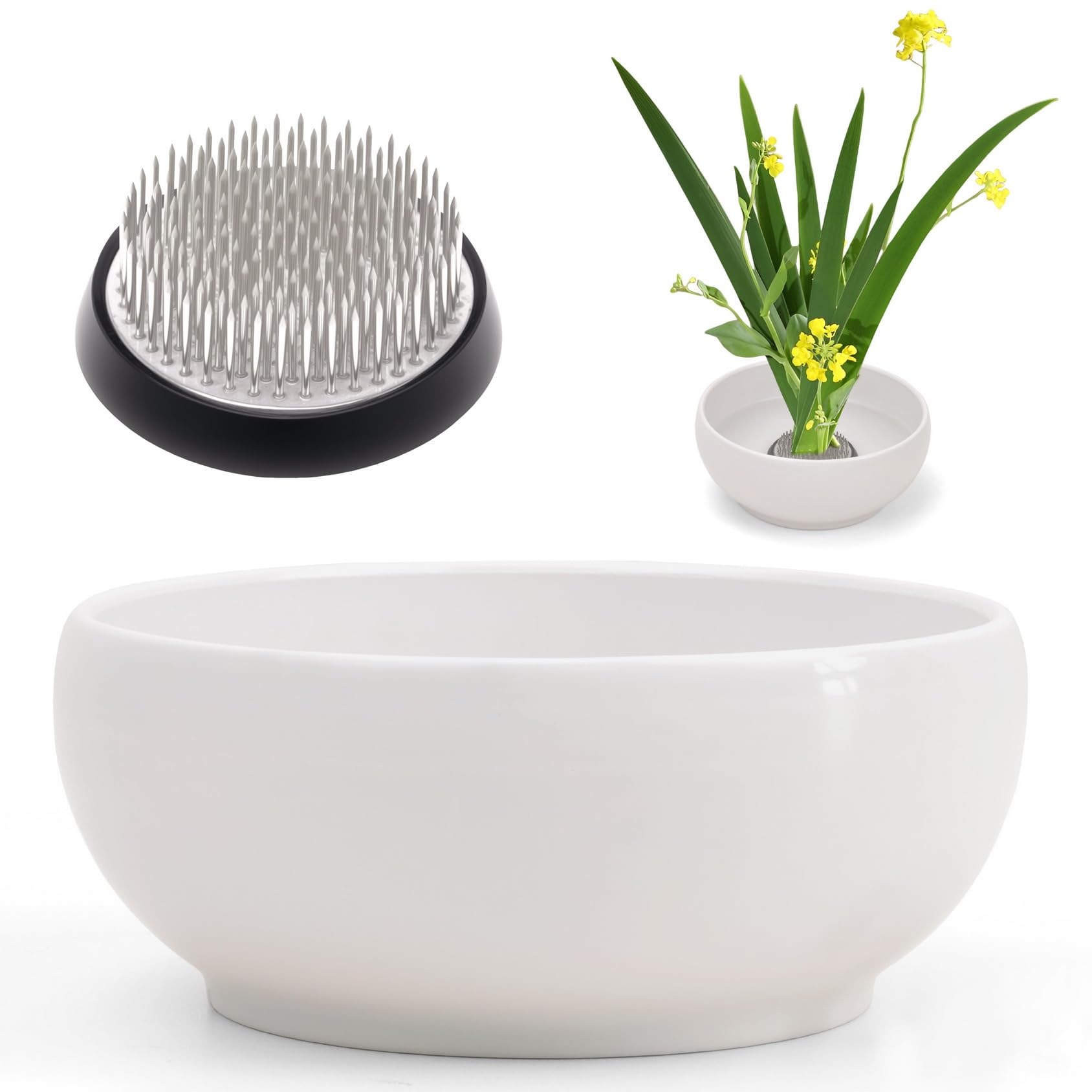 Photo 1 of Woration Japanese Ikebana Vase Flower Frog Kit Floral Art White Plastic Bowl Planter Pot with 2.7inch Kenzan for Flower Arrangement Desk Office Home Decoration