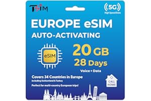 TSIM eSIM for Europe Travel 28Days Holiday with CallHome & Hotspot Tethering. Auto-Activating. 5G Enabled. Roam in 34 Countries incl Switzerland, Turkey (20GB)