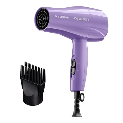 Hot Beauty 1875 Ceramic Hair Dryer, Powerful Fast Drying, Multi-Setting with Comb Attachment, Additional Detangler Included, Slide Bar Switch, Compact for Home & Travel (Purple)