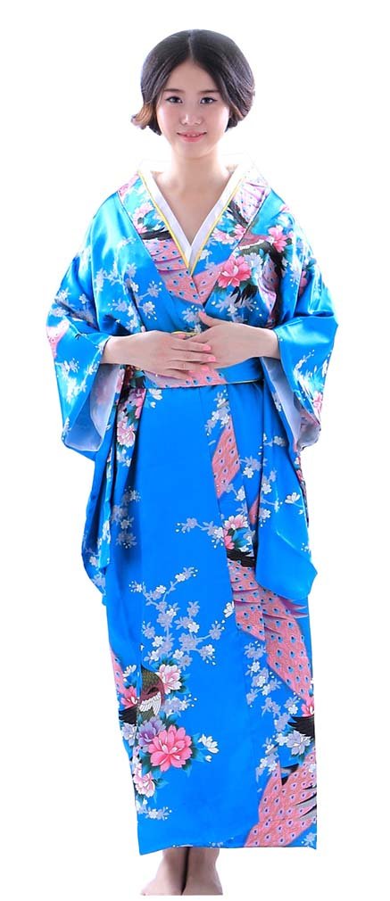 Botanmu Women's Peacock Kimono Robe Japanese Dress Photography Cosplay Costume 5 Colors(Sky Blue)