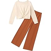 Girls Fall Outfits Fashion Solid Long Sleeve Twist Crop Tops and Wide Leg Pants Girls Clothing Set