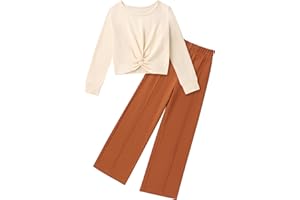 GAUPAFMB Girls Fall Outfits Fashion Solid Long Sleeve Twist Crop Tops and Wide Leg Pants Girls Clothing Set