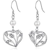 Hagkew Tree of Life Earrings 925 Sterling Silve Heart Drop Dangle Earrings with Pearl Fish Hook Earring Jewelry Gifts for Women