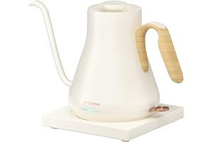 INTASTING Electric Gooseneck Kettle for Brewing Coffee and Steeping Tea with 304 Stainless Steel Inner, Quick Heating, Matte White with Light Brown Wood Handle, 0.9L/30oz