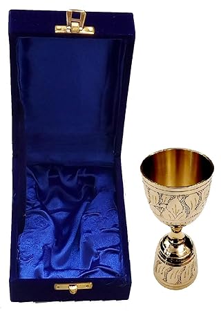 Akanksha Arts EPNS, Brass Engraved Peg Measure Cup with Decorative Box, 30 ml / 60 ml, Golden