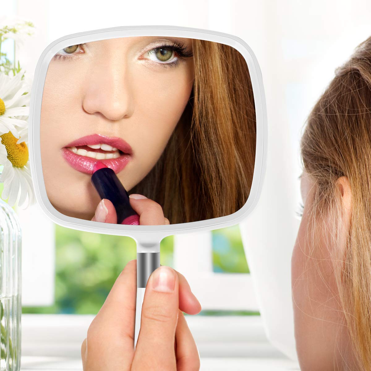 Snowflakes Large Hand Mirror with Handle-Hang Handheld Mirror Hairdresser Mirror.(White)