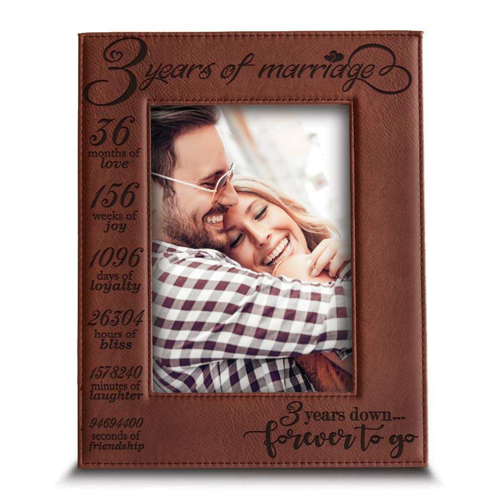 Photo 1 of BELLA BUSTA- 3 Years of Marriage-3 years Down Forever to go-Engraved Leather Picture Frame (5 x 7 Vertical (Rawhide))
