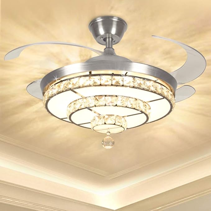 Modern Elegant Crystal Ceiling Light with Fan Retractable Blades