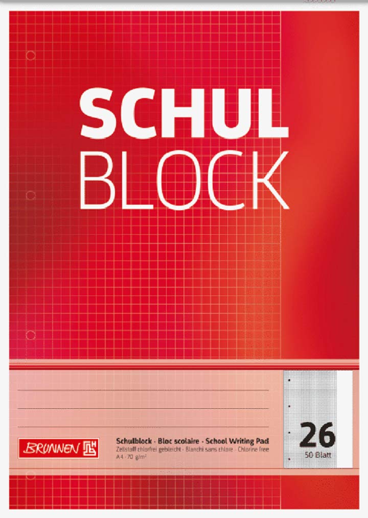 Brunnen 1052526 School Notepad A4 50 Sheets Squared with Margin Ruled Top-Glued 26 Perforated 70 g/m²