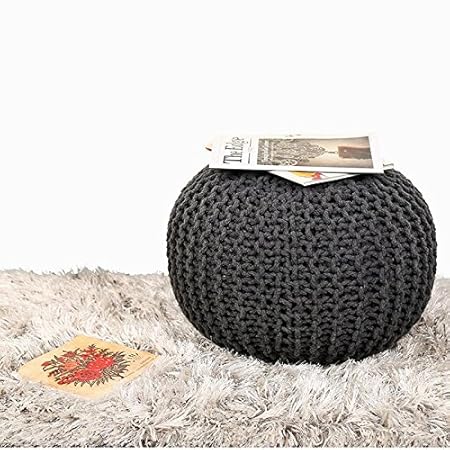 TIB Knitted Cotton Pouf (15 x 15 x 14 inches), Grey