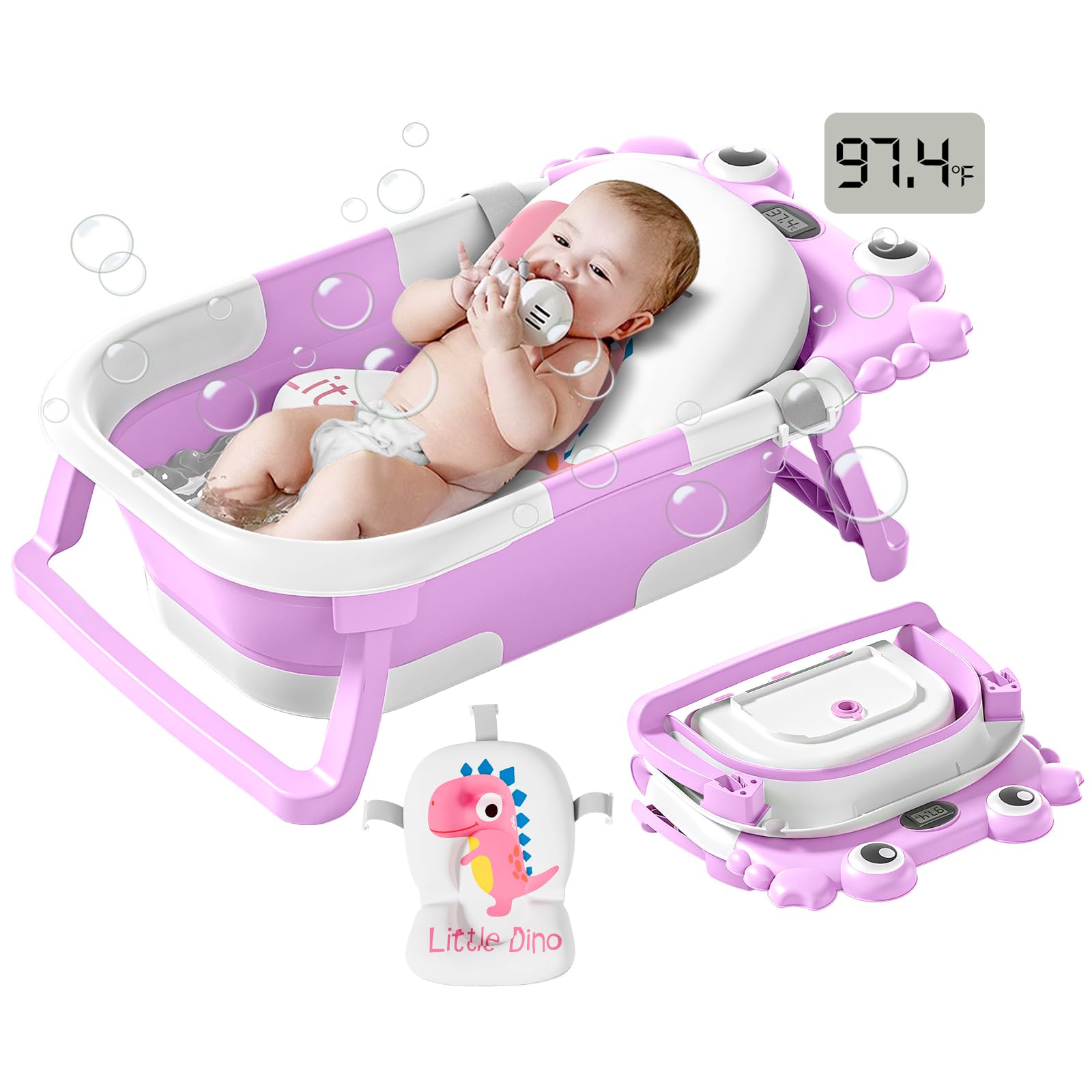 Photo 1 of Collapsible Baby Bathtub for Infants to Toddler with Real-time Temp Monitor+Floating Cushion,Foldable Baby Bath Tub Set Applicable 0-36 Month,Portable Travel Bathtub for Newborns Girl (Purple)