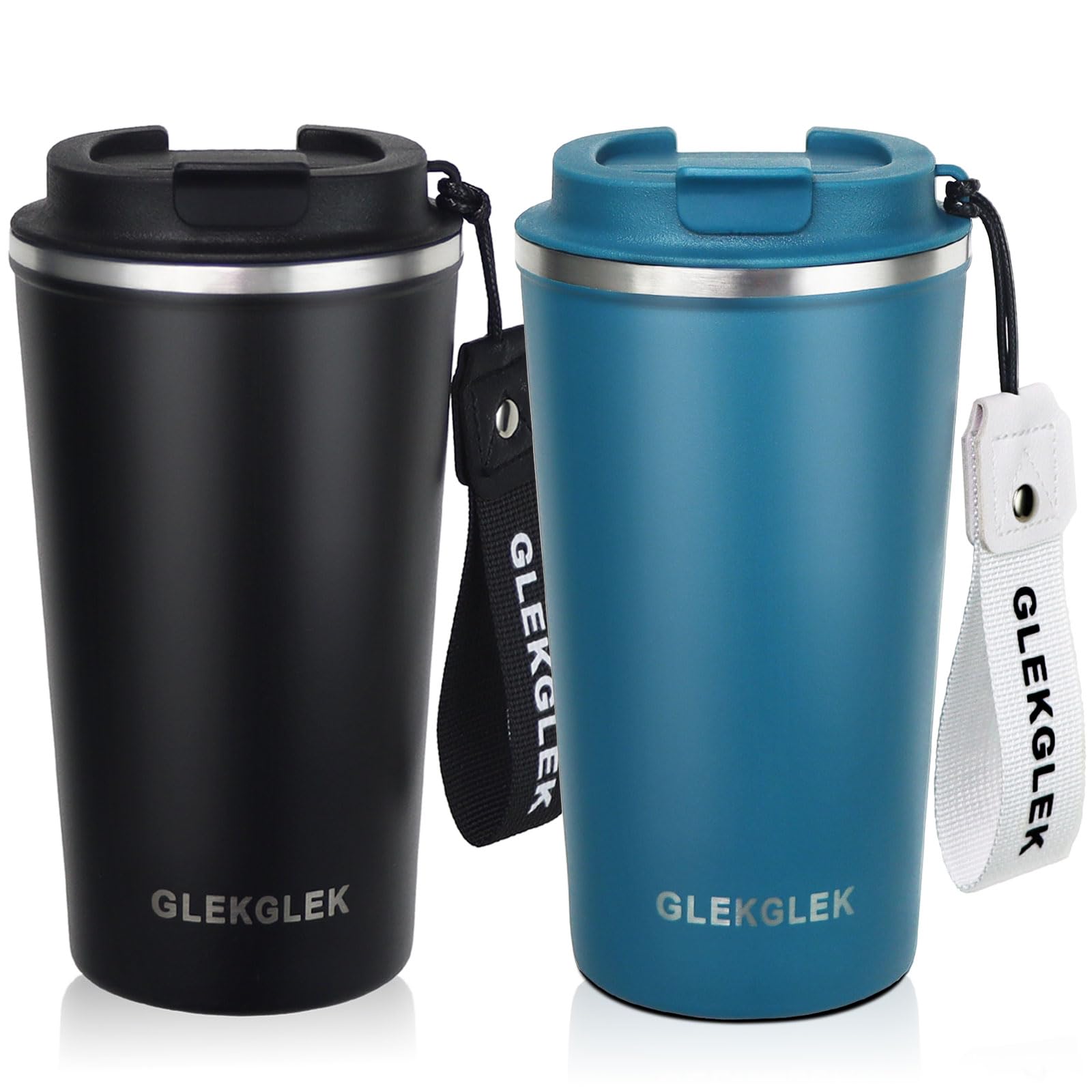 GLEKGLEK Insulated Coffee Cup Travel Mug 500ml 2 Pack, Reusable Thermal Mug with Leakproof Lid for Hot Coffee Tea and Cold Drinks