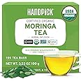 HANDPICK, Organic Moringa Tea Bags (100 Count) Non-GMO, Caffeine Free, USDA Organic Ingredients- Pure Moringa Leaves | Sweet and Light Herbal Tea Bags, Round Eco-conscious Tea Bags