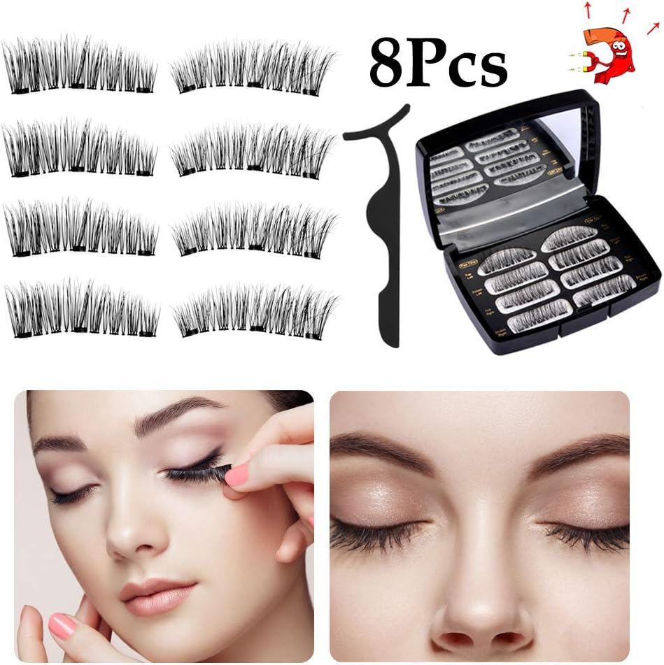 Magnetic Eyelashes, Syhonic 8 PCS 3D False Eyelashes Set Natural Full Eye No Glue 3 Magnets Waterproof Lashes Reusable Handmade Ultra Thin Extension Soft and Comfortable with Stainless Steel Tweezers