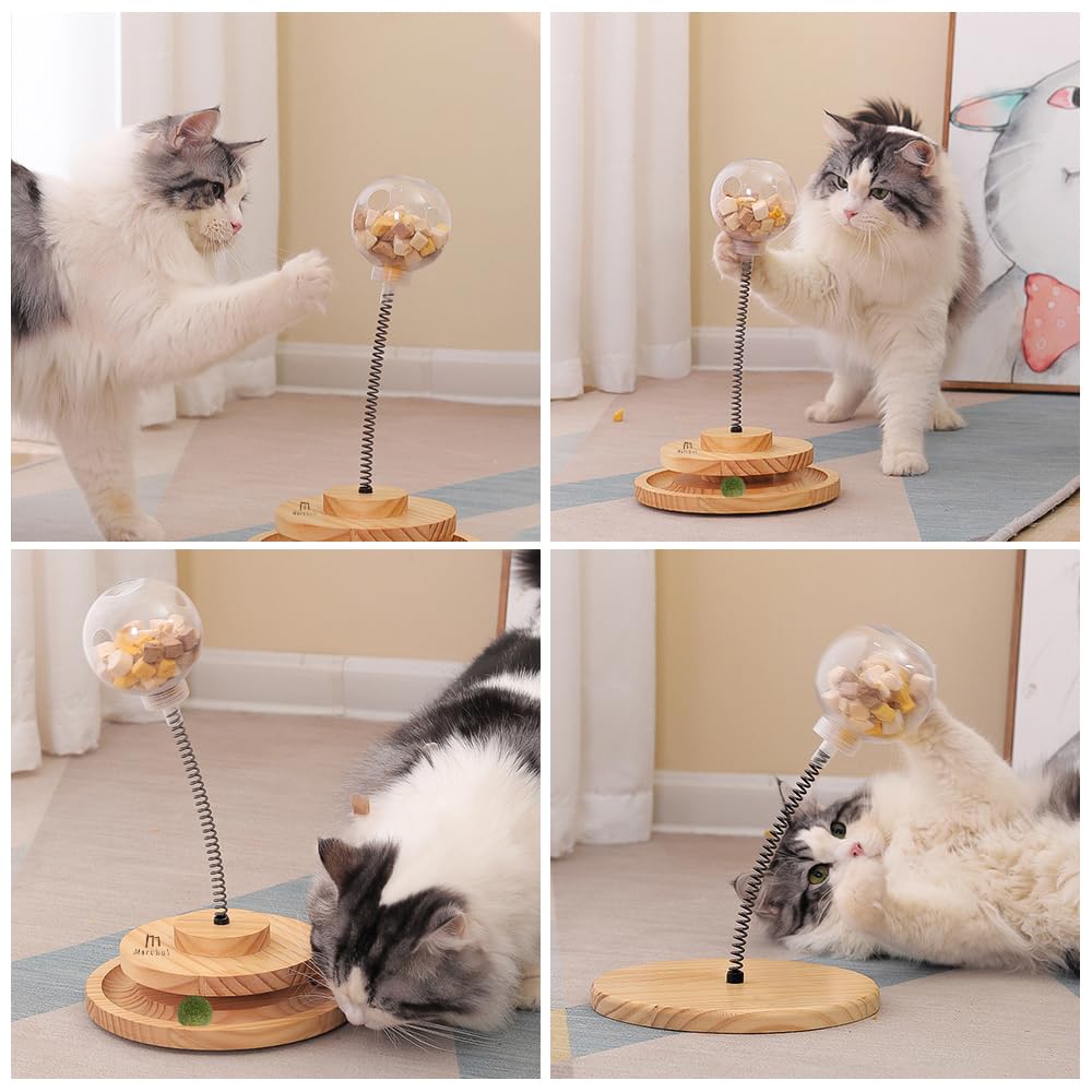 Marchul KatzenSpielzeug mit Futterball Snackball, Katzen Spielzeug Roller Tracks mit Drehteller, Interaktives Katzenspielzeug Aus Holz, Katzen Futterautomat Spielzeug mit Leckerli Ball 6
