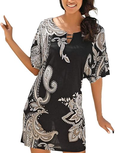 Sagton Spring Dresses For Women Short Sleeve Paisley Printed