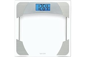 Taylor Digital Scales for Body Weight, Highly Accurate 400 LB Capacity, Unique Blue LCD, Stainless Steel Accents Glass Platform, 12.2 x 12.2 Inches, Clear