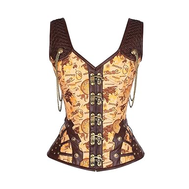 FeelinGirl Steampunk Halloween Korsett Kunstleder Taille Trainer Overbust Korsett Weste für Frauen Gothic Kostüm Halloween Co