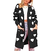 HOULENGS Women's Cute Heart Long Cardigan Sweaters V Neck Ribbed Knit Open Front Sweater Coats with Pockets