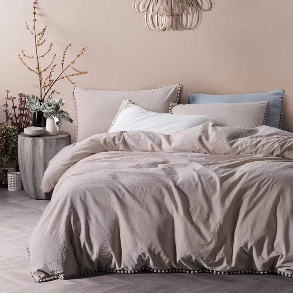 TanNicoor Pom Fringe Duvet Cover Set - 3 Piece Natural Ultra SOFE Color Washed Cotton Bedding Set, Modern Style Down Comforter Quilt Cover with Zipper Closure(King, Khaki)