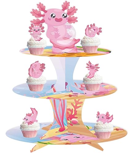 Suporte Cupcake Axolotl 3 Níveis - Decoração Festa Infantil - Azul - Papelão Resistente