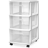 HOMZ Drawer Tower, 3-Tier Rolling Storage Cart with Removable Wheels, White Frame – Plastic Organizer with Clear Bin Drawers for Bedroom, Bathroom, Home Office, and Dorm Room