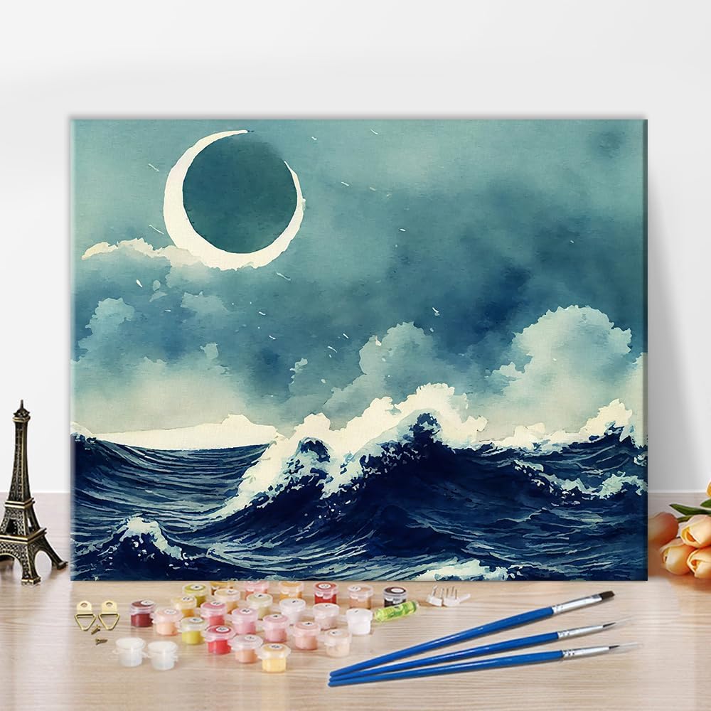 Paintings - Abstract DIY Paint by Number for Adults Moon Adult Paint by Number Kits on Canvas Sea Wave Painting by Numbers for Adults with Brushes Acrylic Painting Art Crafts for Home Wall 16