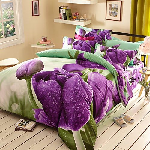 TheFit Home Textile, a Purple Tulip 86 Cotton Bedding a Family, 3D Oil Print Bedding Cotton Luxury Romantic Bedroom 4 Pcs Queen Set (King)