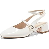 Coutgo Womens Mary Jane Chunky Low Heels Closed Square Toe Ankle Strap Pumps Wedding Party Dress Shoes
