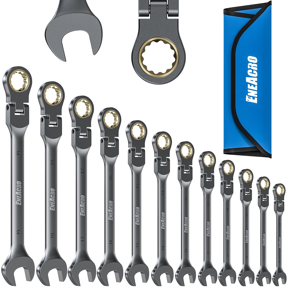 ENEACRO Gelenk-Ratschenschlüssel Set, 12Tlg, 8-19mm, Flex-Kopf Anti-Rutsch Ringmaulschlüssel, Gabelschlüssel-Ringmaul-Schlüssel-Set，72-Zähne, Cr-V, Vernickelt, mit Rolltasche