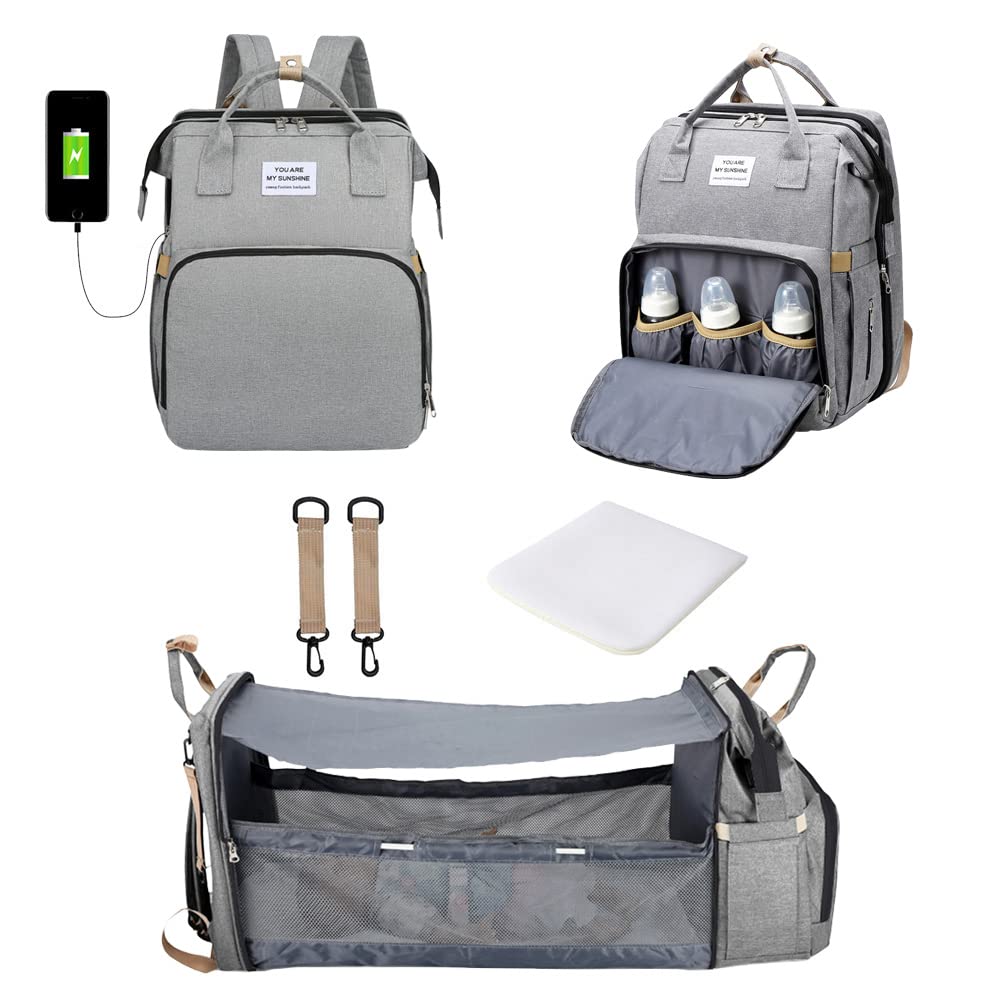 DZOZO Baby Changing Bag Backpack Nappy Changing Bag Diaper Bag Backpack with Changing Mat Portable Travel Diaper Bag Baby Bed Backpack Multifunctional Mummy Bag with USB Port