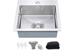 Beleeb 15 Inch Drop In Bar Sink，18-Gauge Small Kitchen Sink Stainless Steel with 3D Embossed Texture，Single Bowl Square Design