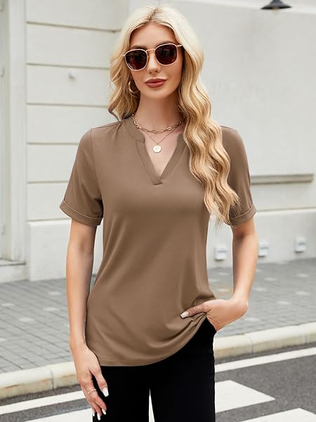 ZANZEA V NECK T SHIRTS FOR WOMEN DRESSY SHORT SLEEVE TUNIC TOPS BUSINESS CASUAL OUTFITS BASIC TOPBROWN MEDIUM