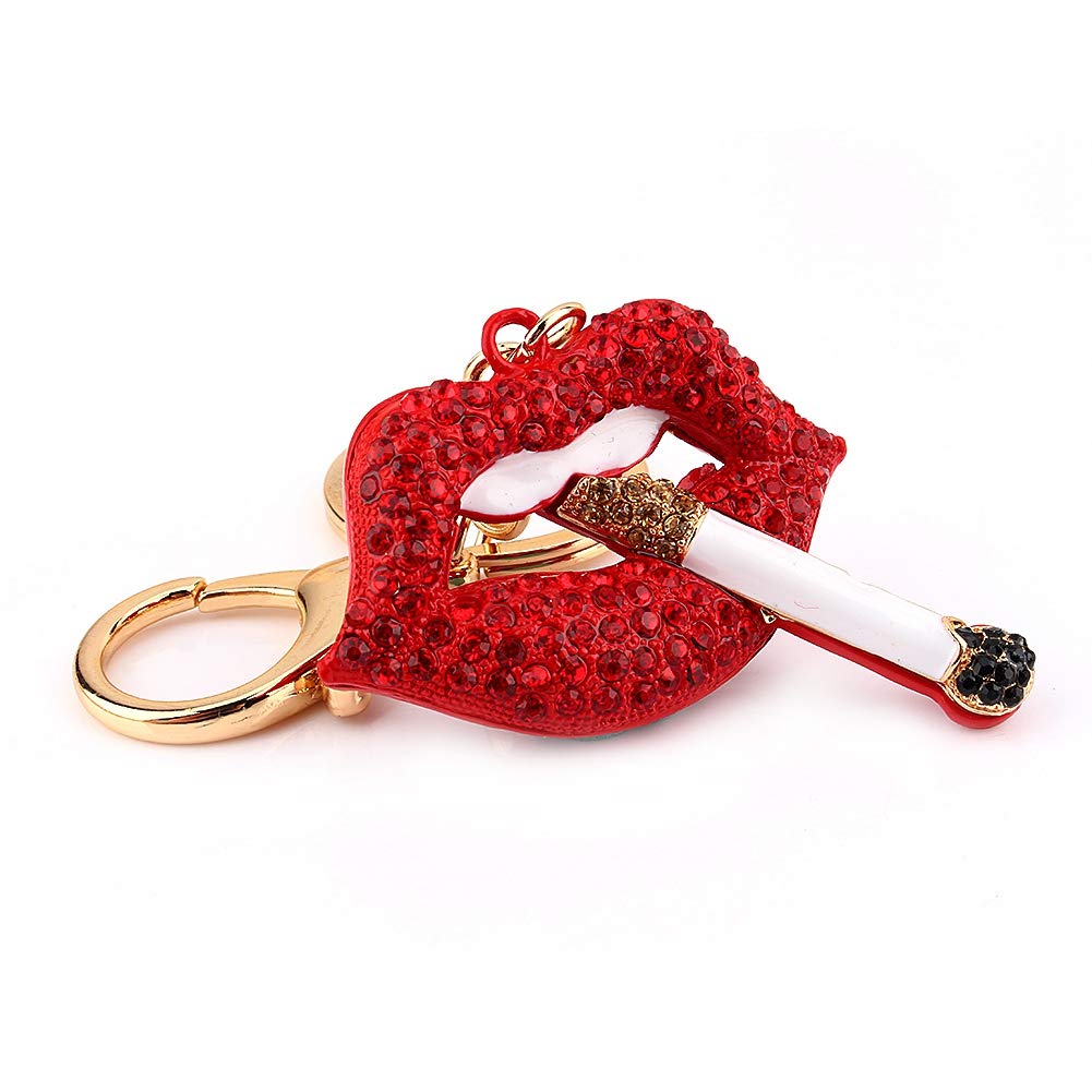 Crystal Rhinestone Smoking Lips Keychain, Decorative Pendant Key Ring for Women, Metal Chain, 4.8cm x 5cm Charm, Purse Handbag Accessory