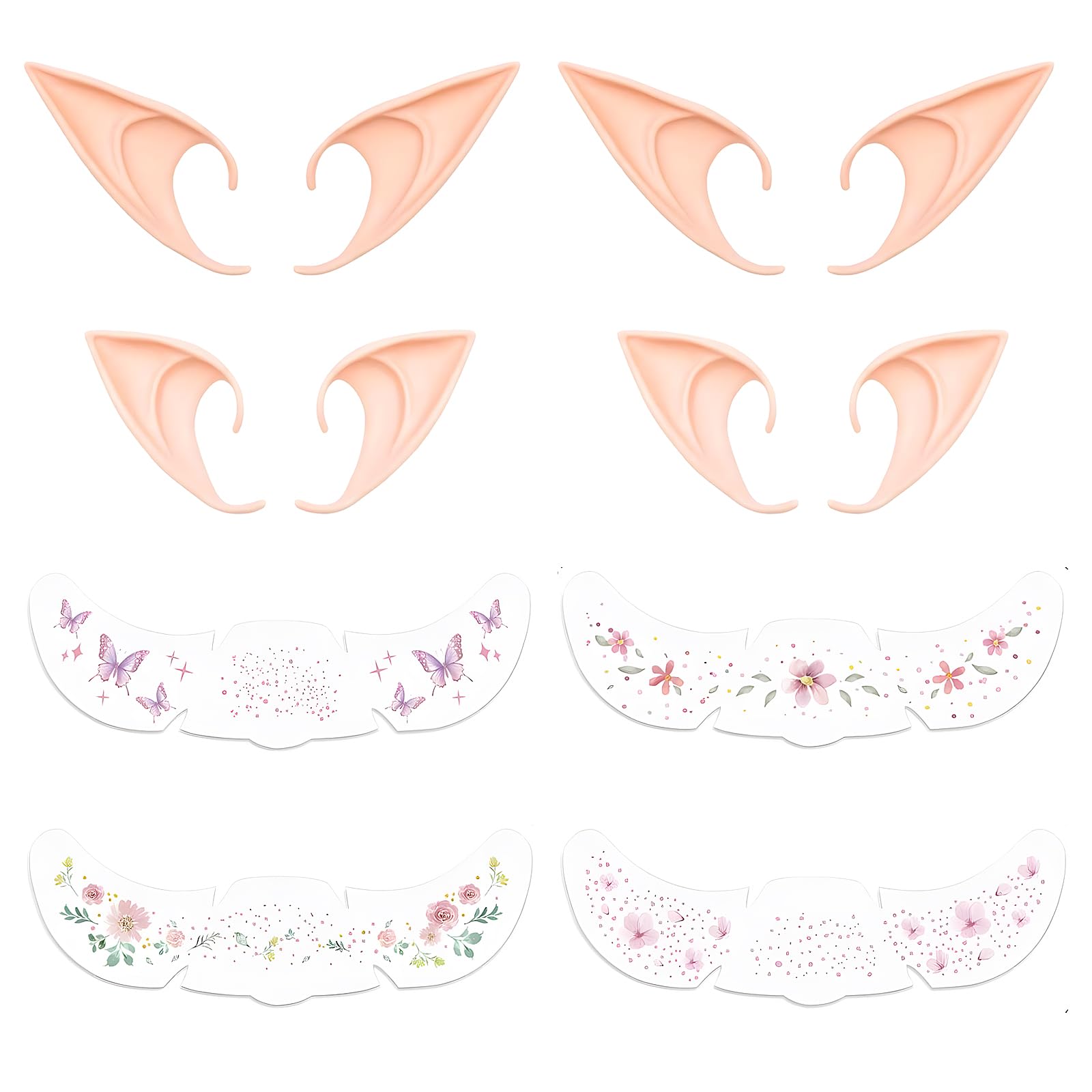 LURVOUS 4 Pairs Pixie Elf Ear, Fairy Ear with Freckles Face Tattoo, Soft Pointed Ear Elven Vampire Goblin Alien Ears, Masquerade Ears Live Broadcast Props Party Anime Dress Up Accessories (Nude)