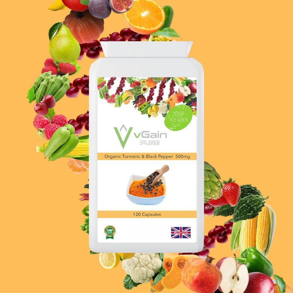 High Strength Turmeric and Black Pepper Capsules 1500mg with Active Curcumin Curcuminoids Extract per Serving by vGain PURE - Suitable for Vegans and Vegetarians - Joint Support for Men & Women