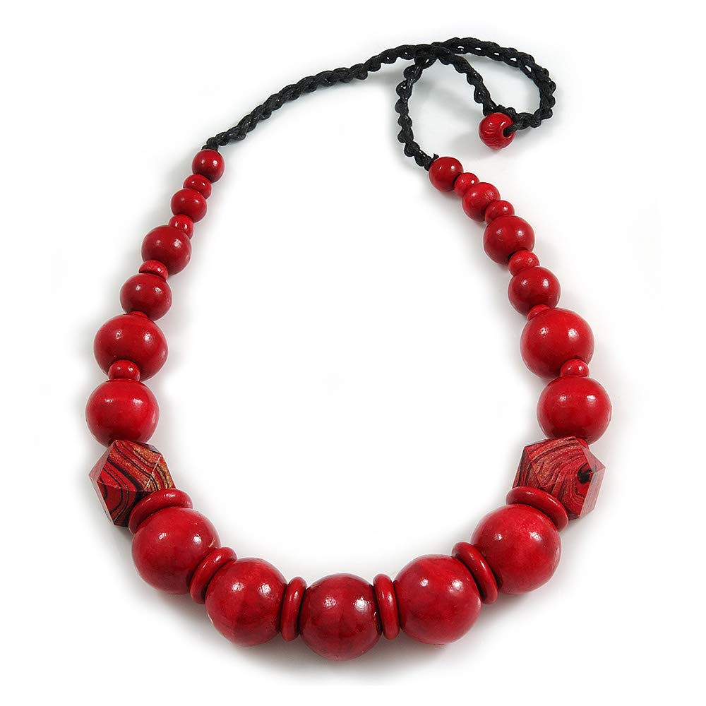 Avalaya Chunky Red Wood Bead with Black Cotton Cord Necklace - 64cm L