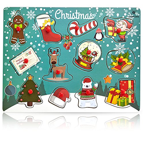 Gleeporte Wooden Peg Puzzle, Holiday Christmas Theme - Learning Educational Pegged Puzzle Boards for Toddler & Kids - Christmas (12 Pieces)
