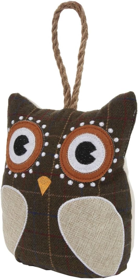 Draft Stoppers - Lily’s Home Cute Decorative Owl Weighted Interior Door Stopper, Compact with Patchwork Fabric Design and Hanging Loop Attached, Brown